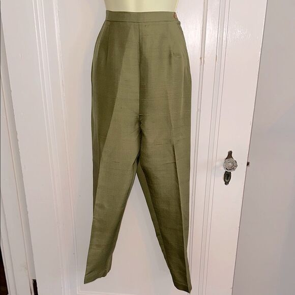 Vintage 60s Donkenny Shiny Olive Green High-Waisted Ankle/Cropped Pants - Picture 1 of 8